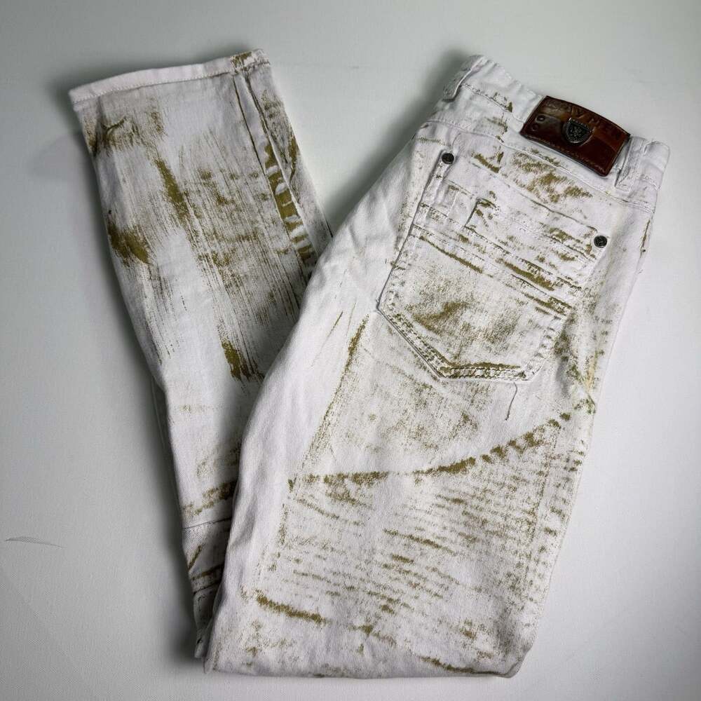RAVMEN Biker Mens Size 34 White Distressed Gold Wash Biker Jeans Stretch Moto